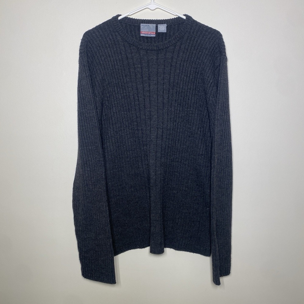 Vintage Aeropostale Sweater Mens L Charcoal Gray Tight Knit Slim Fit Long Sleeve